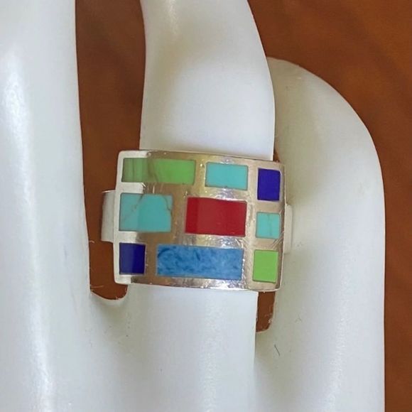 VINTAGE Sterling Silver Inlaid Mosaic Ring Sz 7•1/4 - Picture 1 of 5